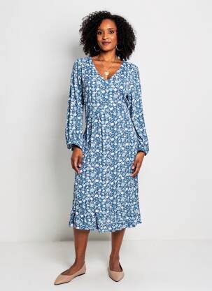 Rochie midi imprimeu fantezie mâneci lungi albastru LA FIANCÉE femeie