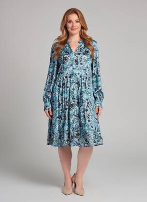 Rochie midi imprimeu fantezie mâneci lungi albastru LA FIANCÉE femeie