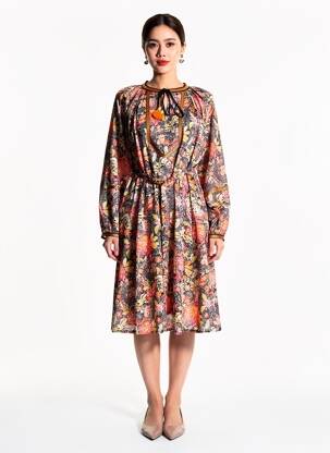 Rochie midi imprimeu fantezie mâneci lungi portocalie LA FIANCÉE femeie