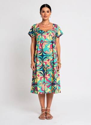 Rochie midi imprimeu fantezie mâneci scurte verde PRINCESSE NOMADE femeie