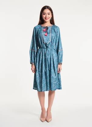 Rochie midi imprimeu fantezie mâneci lungi albastru LA FIANCÉE femeie