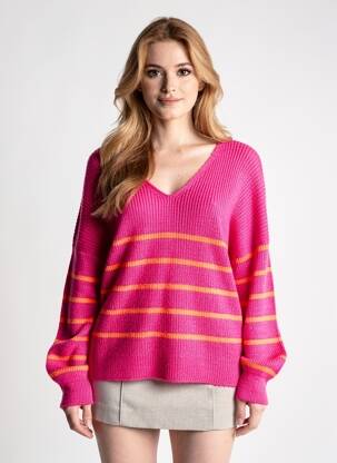 Pulover guler în v mâneci lungi roz COULEURS DU TEMPS femeie