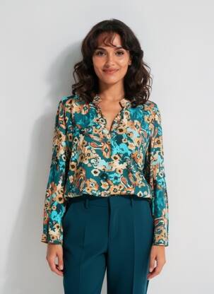 Bluză imprimeu floral mâneci lungi verde COULEURS DU TEMPS femeie