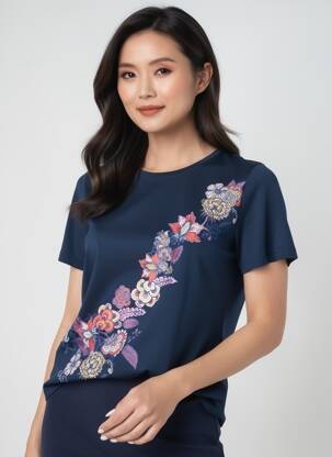 Tricou croială dreaptă mâneci scurte albastru MERI & ESCA femeie