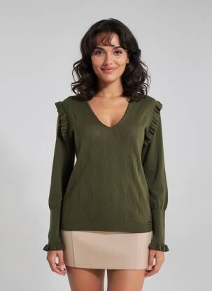 Pulover guler în v mâneci lungi verde VOODOO femeie