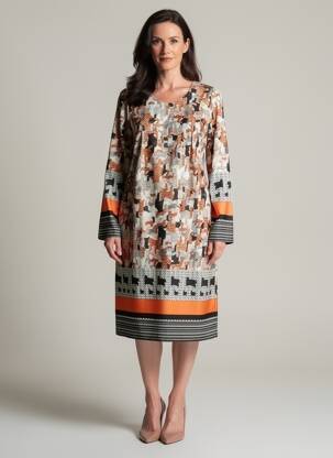 Rochie midi imprimeu fantezie mâneci lungi portocalie GUY DUBOUIS femeie
