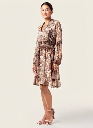 Rochie midi imprimeu fantezie mâneci lungi bej COULEURS DU TEMPS femeie