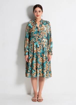 Rochie midi imprimeu fantezie mâneci lungi verde COULEURS DU TEMPS femeie