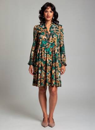 Rochie scurtă croială evazată mâneci lungi verde COULEURS DU TEMPS femeie