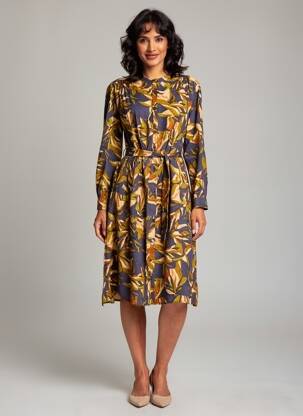 Rochie midi imprimeu fantezie mâneci lungi albastru ORFEO femeie