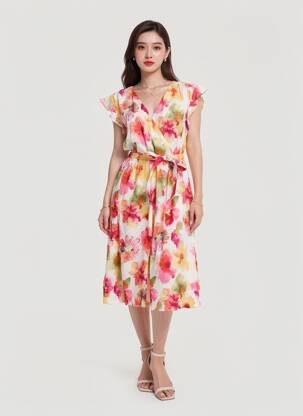 Rochie midi imprimeu floral mâneci scurte roșu COUTURIST femeie