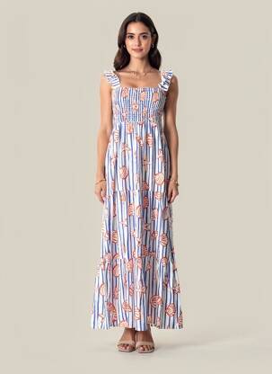 Rochie lungă croială cambrată bretele subțiri albastru COMPAÑIA FANTASTICA femeie