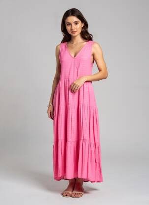 Rochie lungă croială evazată fără mâneci roz COMPAÑIA FANTASTICA femeie