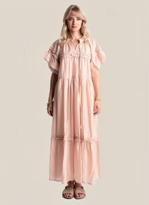 Rochie lungă croială evazată mâneci scurte roz COMPAÑIA FANTASTICA femeie