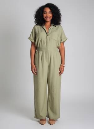Salopetă-pantalon închidere cu nasturi pe față mâneci scurte verde SENES femeie