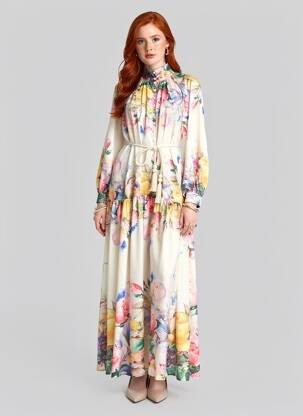 Rochie lungă mâneci lungi mâneci lungi bej LM LULU femeie