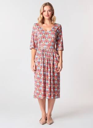 Rochie midi imprimeu fantezie mâneci scurte portocalie JOY'S PARIS femeie