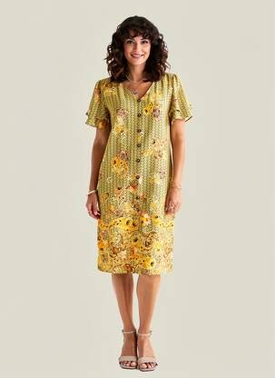 Rochie midi imprimeu floral mâneci scurte galben TINTA STYLE femeie