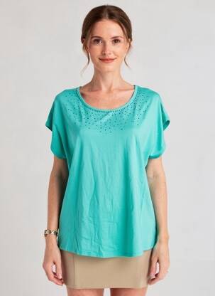 Tricou serigrafie cu strasuri mâneci scurte albastru GALMALLA femeie