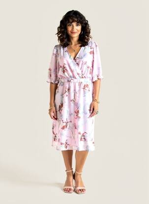 Rochie midi imprimeu floral mâneci 3/4 roz MICHA femeie