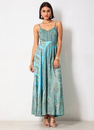 Rochie lungă imprimeu fantezie bretele subțiri albastru FOLLOW YOUR SOUL femeie