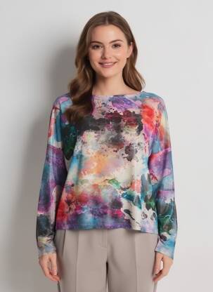 Tricou imprimeu fantezie mâneci lungi albastru KOZAN femeie