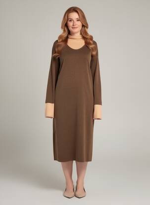 Rochie midi imprimeu fantezie mâneci lungi maro CPC femeie