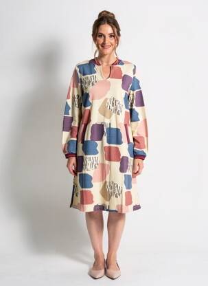 Rochie midi imprimeu fantezie mâneci lungi bej MADE IN SENS femeie