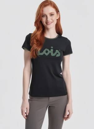 Tricou serigrafie flockată mâneci scurte negru LOIS femeie