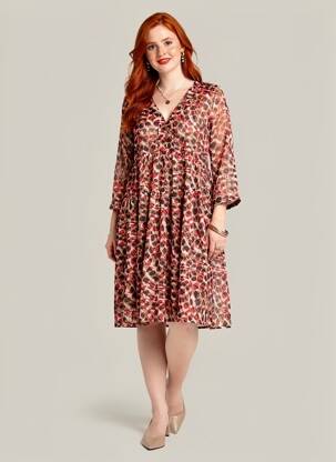 Rochie midi imprimeu fantezie mâneci lungi maro GRACE & MILA femeie