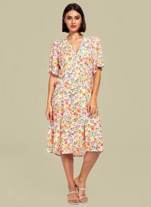 Rochie midi imprimeu floral mâneci scurte alb LA PETITE ETOILE femeie