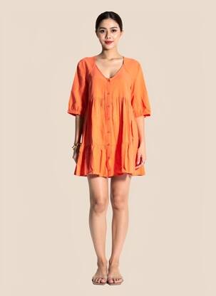 Rochie scurtă mâneci scurte mâneci scurte portocalie RUE MAZARINE femeie
