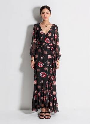 Rochie lungă imprimeu fantezie mâneci lungi negru LPB LES PETITES BOMBES  femeie