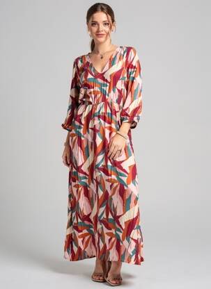 Rochie lungă imprimeu fantezie mâneci lungi roz GRACE & MILA femeie