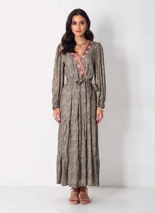 Rochie lungă imprimeu fantezie mâneci lungi negru GRACE & MILA femeie