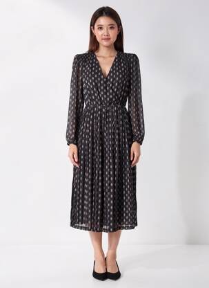 Rochie midi imprimeu fantezie mâneci lungi negru PEPE JEANS femeie