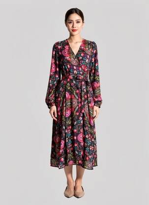 Rochie lungă imprimeu fantezie mâneci lungi negru MOLLY BRACKEN femeie