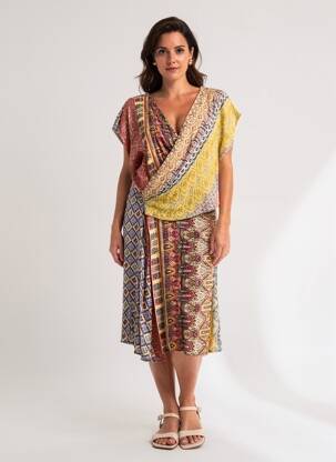 Rochie midi croială fluidă mâneci scurte galben DESIGUAL femeie