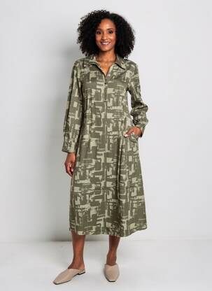 Rochie midi imprimeu fantezie mâneci lungi verde YERSE femeie
