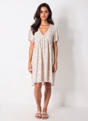 Rochie midi imprimeu fantezie mâneci scurte bej TEDDY SMITH femeie