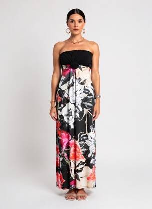 Rochie lungă imprimeu floral fără mâneci negru EROKE femeie