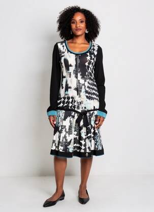 Rochie midi imprimeu fantezie mâneci lungi negru TRICOT CHIC femeie