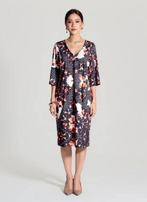 Rochie midi imprimeu floral mâneci 3/4 negru EROKE femeie