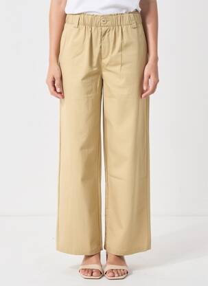 Pantalon larg țesătură poplin talie înaltă bej COLOR BLOCK femeie