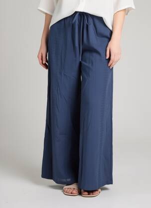 Pantalon larg țesătură poplin talie înaltă albastru GRACE & MILA femeie