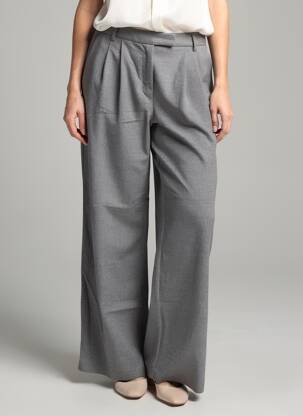 Pantalon larg talie cu cleme talie înaltă gri BERSHKA femeie