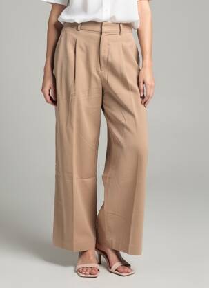 Pantalon larg țesătură poplin talie înaltă maro UNIQLO femeie
