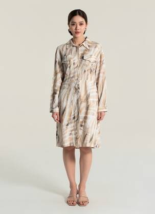 Rochie midi imprimeu fantezie mâneci lungi bej EVA KAYAN femeie