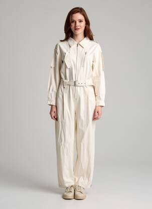 Salopetă-pantalon guler de bluză mâneci lungi bej SUNCOO femeie