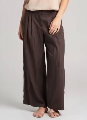 Pantalon larg țesătură poplin talie înaltă maro ZARA femeie